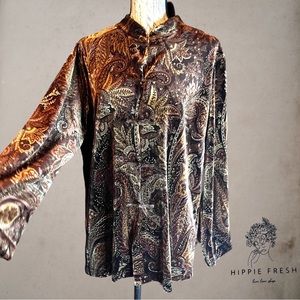 COLDWATER CREEK Brown w Glittered Paisley Velour Asian Inspired Tunic 1X